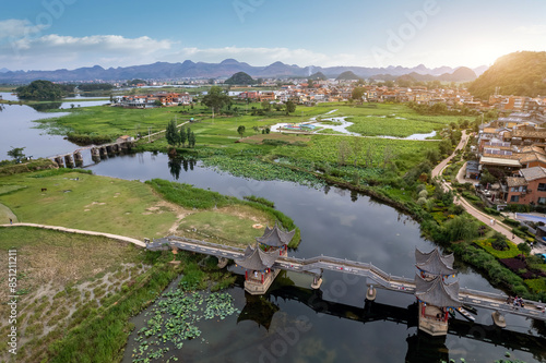 Aerial View of Scenic Rural Bridge and Landscape photo