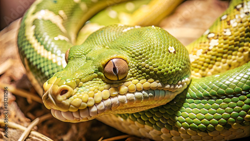 A body of the green tree python Morelia viridis close-up. Portrait art. Snake skin, natural texture, abstract, graphic resources. Environmental conservation, wildlife, zoology, herpetology photo