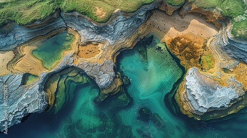 Aerial photograph of a coastal area with tidal pools, where the intricate patterns created by the water and the surrounding rock formations create a stunning abstract scene. Abstract Backgrounds photo