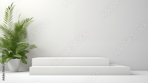 3D scene white podium with plant and white background in the minimal style photo