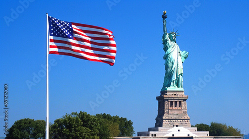 Statue of Liberty with the American flag in front, set against a blue sky.
