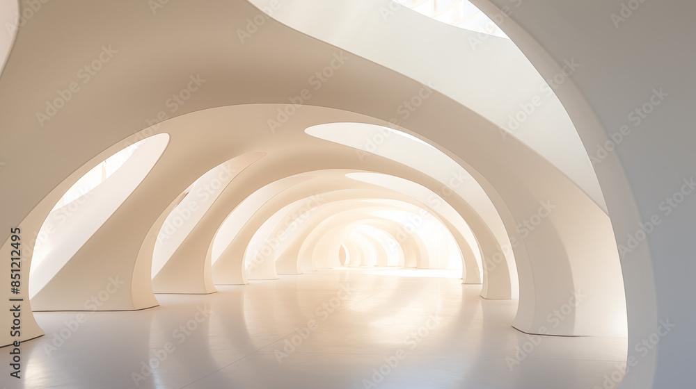 Fototapeta premium Abstract Architecture with Light Through Window: Tunnel Design and 3D Spiral Wave Illustration