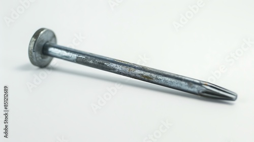 High-quality steel nail with a sharp point on white backdrop.