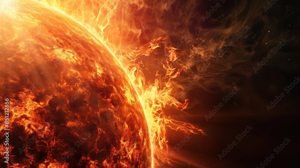 Fototapeta premium Solar atmosphere, 4K sun, black background, fiery surface, dynamic solar flares, intense heat, closeup