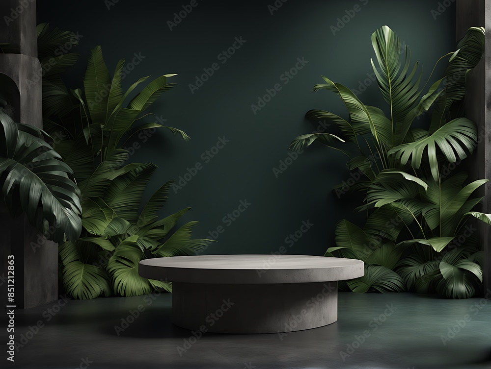 Podium exotic splay concrete Cosmetic 3D beauty dark Jungle Rock template trendy promotion Nature stone product pedestal mockup leaf palm background render Gray set podium dais Podium exotic splay concrete Cosmetic 3D beauty dark Jungle Rock template trendy promotion Nature stone product pedestal mockup leaf palm background render Gray set podium dais