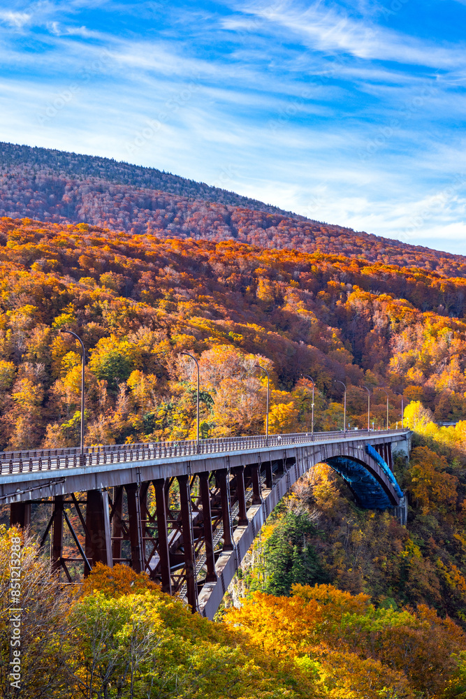 Jogakura Bridge in Aomori with Autumn Leaves landscape background. A wonderful view of Jyogakura-keiryu Stream, a famous place in the Towada-hachimantai National Park, Aomori, Japan Jogakura Bridge in Aomori with Autumn Leaves landscape background. A wonderful view of Jyogakura-keiryu Stream, a famous place in the Towada-hachimantai National Park, Aomori, Japan