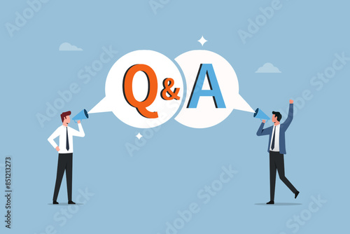 Question and Answer session or QA. FAQ or frequently asked questions. Two businessmen are shouting on megaphone as Q and A on speech bubble. Information to solve problem