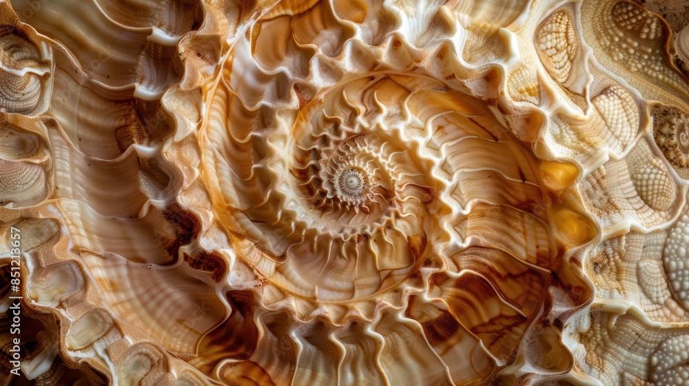 Closeup of a spiraled seashell with intricate patterns, soft natural lighting, topdown shot Closeup of a spiraled seashell with intricate patterns, soft natural lighting, topdown shot