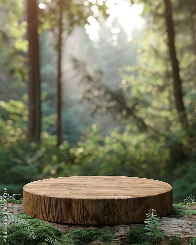 Wooden podium on wooden platform 3d illustration, wooden base for product display stand, green forest scene and blurred background, landscape - generative ai Wooden podium on wooden platform 3d illustration, wooden base for product display stand, green forest scene and blurred background, landscape - generative ai
