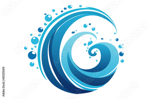 Round swirl water flow splash with splatters, clean blue water wave isolated on white background. Liquid water drops, water flows and waves flat vector illustration.