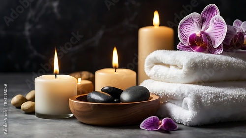 Massage Stone, Orchid Flowers, Towels, and Burning Candles, High-End Spa Wellness Background -