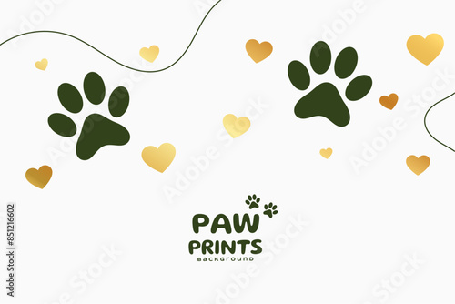 cute paw feet print background with golden heart