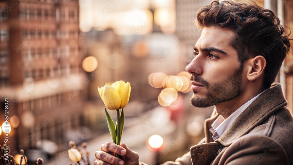 Fototapeta premium Pensive Man with Tulip - A contemplative man gazing off into the distance while holding a single yellow tulip, against a blurred urban backdrop.