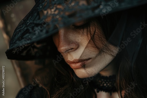 close-up portrait of a mourning woman wearing an elegant hat and mesh veil at a funeral, with a sad expression on her face, with her eyes closed