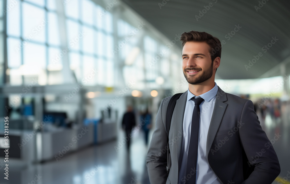 business man in an airport smiling forward in the air, in the style of light teal and light gray, long distance and deep distance, Generative Ai. business man in an airport smiling forward in the air, in the style of light teal and light gray, long distance and deep distance, Generative Ai.