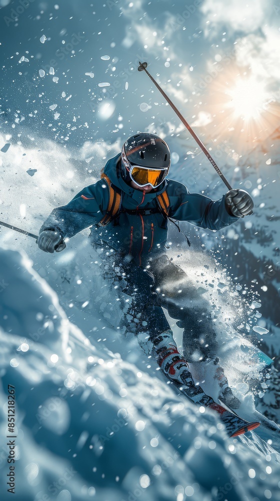 Naklejka premium Skier in mountains, prepared piste and sunny day