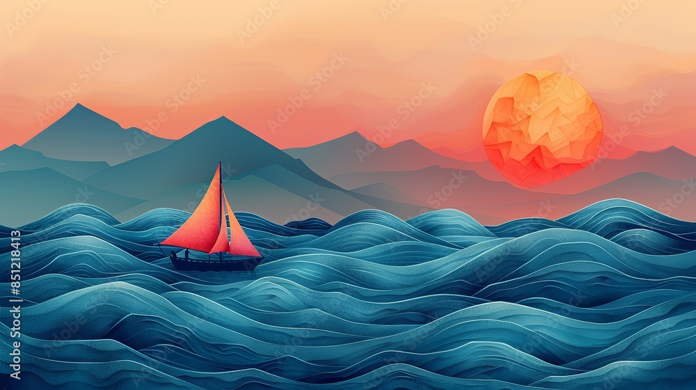 An abstract background with hand-drawn waves and a boat, capturing the essence of adventure and the journey Abstract Backgrounds Illustration, Minimalism, An abstract background with hand-drawn waves and a boat, capturing the essence of adventure and the journey Abstract Backgrounds Illustration, Minimalism,