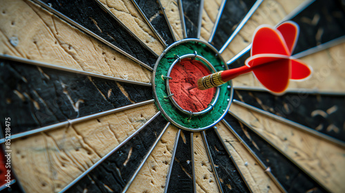 Close-up of a dart hitting the bullseye on a dartboard, symbolizing precision, accuracy, and success in achieving goals and targets.