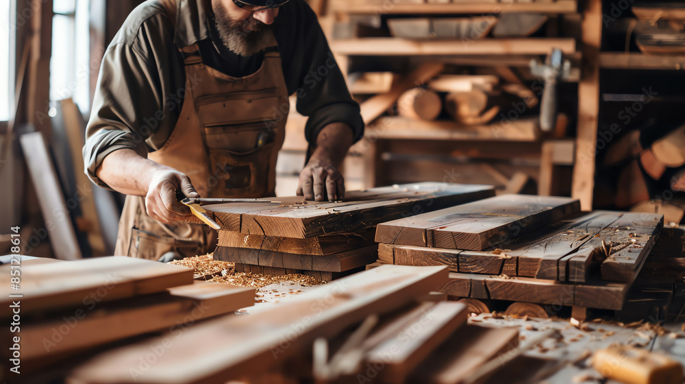 Craftsman working on wooden planks with precision in a workshop. Tools and lumber surround, creating a scene of skilled woodworking. Craftsman working on wooden planks with precision in a workshop. Tools and lumber surround, creating a scene of skilled woodworking.