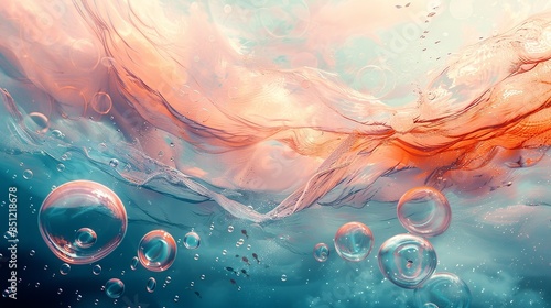 An abstract canvas with soft hues and hand-drawn bubbles and fish, capturing the tranquility and wonder of the underwater world. Abstract Backgrounds Illustration, Minimalism,