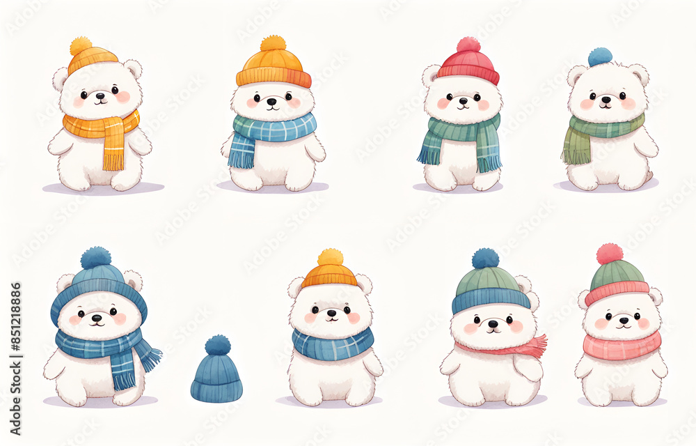 Cartoon polar bears wearing hats and necklaces,litele bears ,Duoge Comics. Multi grid emoticons, multiple animal avatars and expressions Cartoon polar bears wearing hats and necklaces,litele bears ,Duoge Comics. Multi grid emoticons, multiple animal avatars and expressions