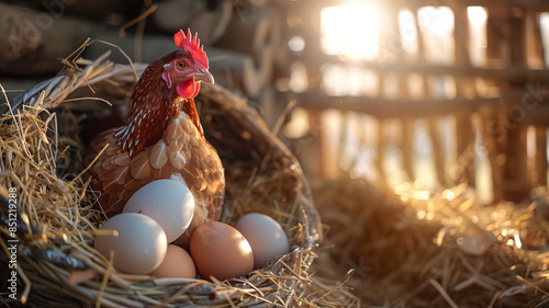 A basket of eggs with a red and white chicken rests in a nest of dry straw inside a wooden henhouse, with sunlight shining in the background.
