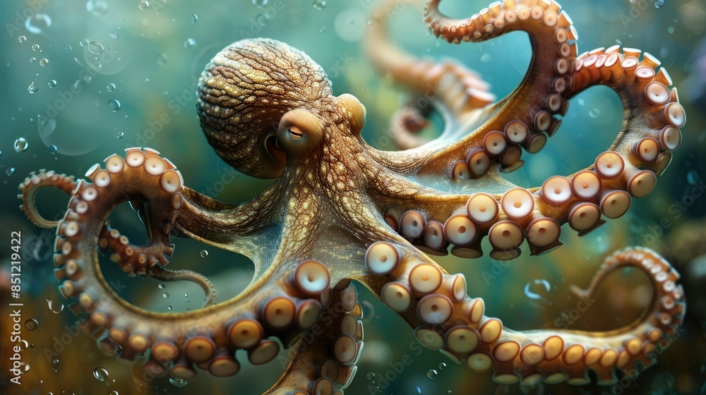 Fototapeta premium An octopus with swirling tentacles glides through the underwater realm, its eyes gleaming with curiosity