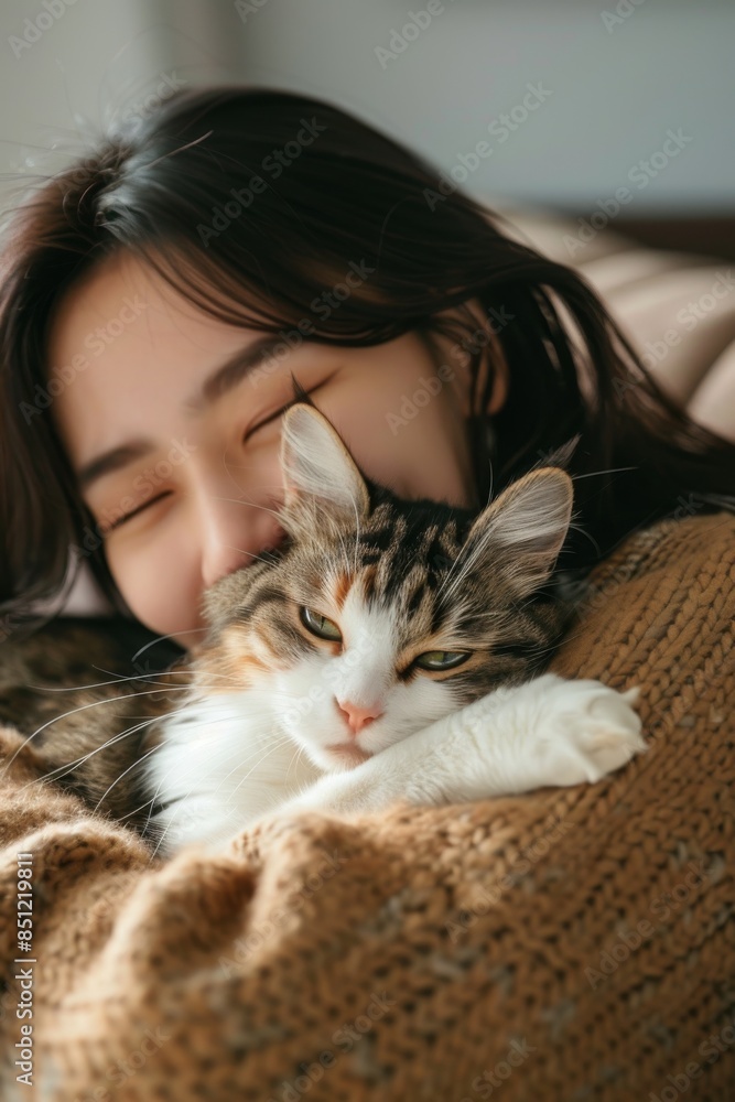 Happy young japanese woman hugging cute cat on couch in living room Happy young japanese woman hugging cute cat on couch in living room