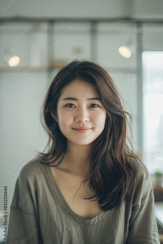 young smiling Japanese woman looking at camera in creative office young smiling Japanese woman looking at camera in creative office