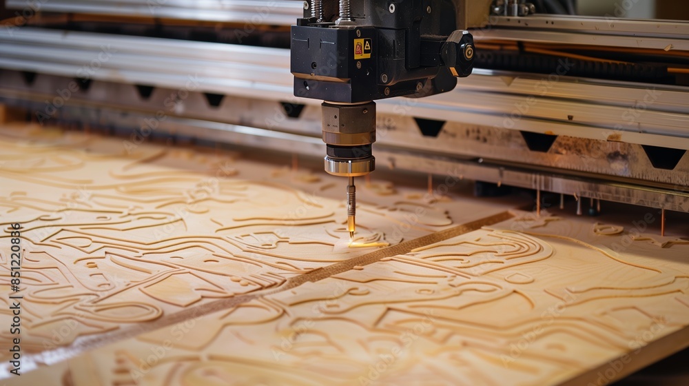 The CNC machine precisely cuts MDF, showcasing intricate details and smooth edges with high efficiency.