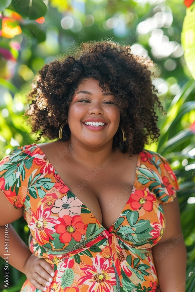 portrait of a smiling plus size woman with warm brown skin wearing a vibrant floral sundress portrait of a smiling plus size woman with warm brown skin wearing a vibrant floral sundress