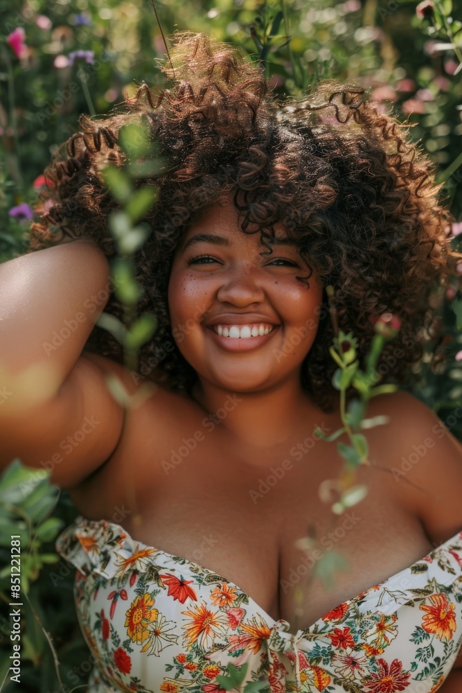 portrait of a smiling plus size woman with warm brown skin wearing a vibrant floral sundress portrait of a smiling plus size woman with warm brown skin wearing a vibrant floral sundress