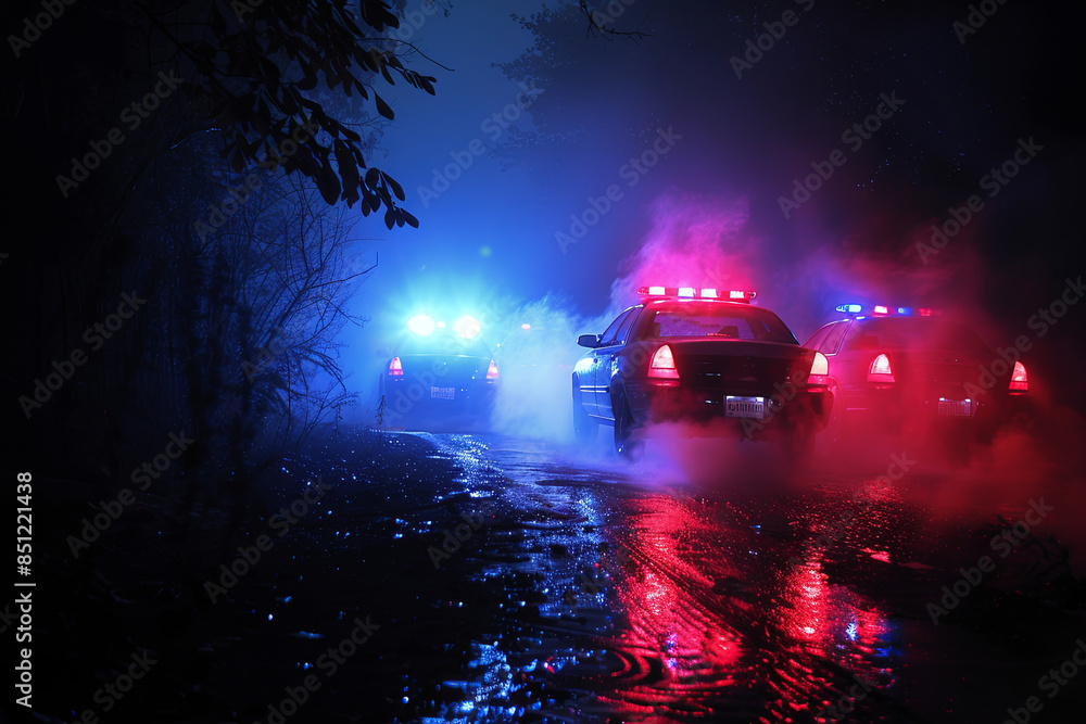 Dramatic night scene of police cars with flashing lights chasing a vehicle through a foggy background, evoking a sense of urgency and pursuit Dramatic night scene of police cars with flashing lights chasing a vehicle through a foggy background, evoking a sense of urgency and pursuit