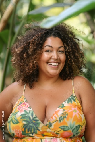 portrait of a smiling plus size woman with warm brown skin wearing a vibrant floral sundress