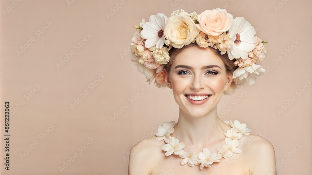 Naklejka premium Woman with Flower Garland - A woman adorned with a beautiful flower garland around her neck, smiling warmly. 
