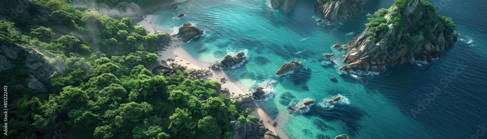 Aerial view of a pristine tropical island with turquoise waters, white sandy beaches, and lush green foliage, offering a tranquil getaway. Aerial view of a pristine tropical island with turquoise waters, white sandy beaches, and lush green foliage, offering a tranquil getaway.