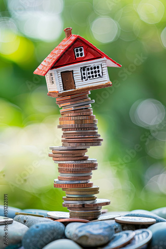 Visual metaphor for the risks and uncertainties involved in real estate and housing market investments, with a model house balancing precariously on a stack of coins