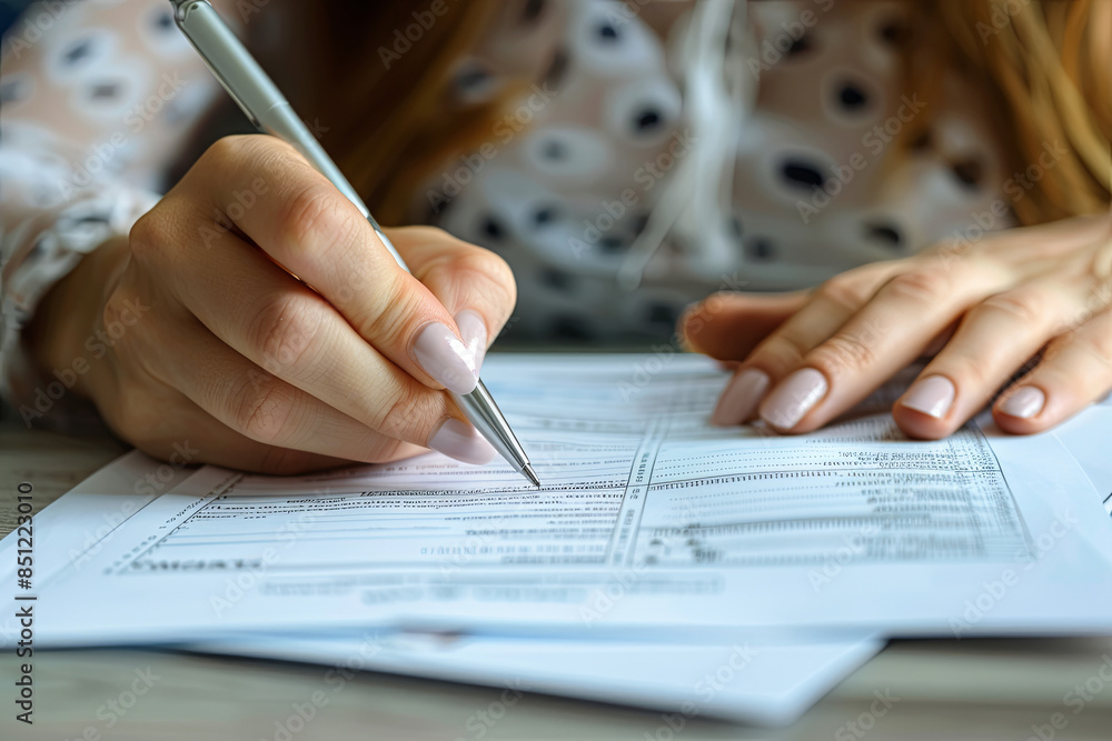 Close-up shot of a woman's hands filling out an Individual Income Tax Return form, focusing on the financial paperwork and tax preparation process Close-up shot of a woman's hands filling out an Individual Income Tax Return form, focusing on the financial paperwork and tax preparation process