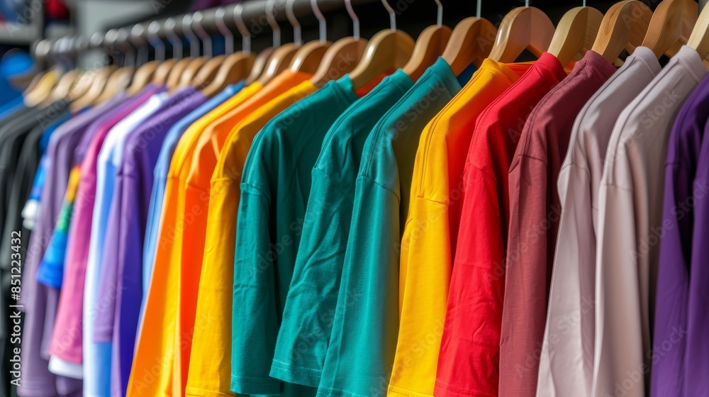 Row of colorful T-shirts hanging on clothing rack display for sale in boutique fashion store at shopping mall Row of colorful T-shirts hanging on clothing rack display for sale in boutique fashion store at shopping mall