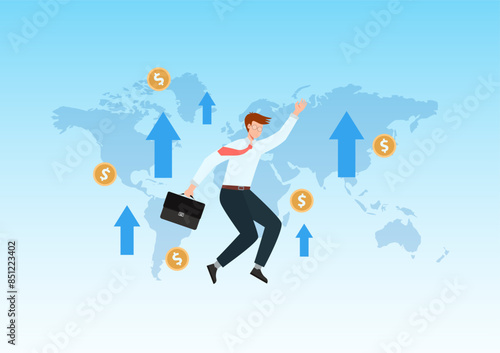 Financial or economy exponential growth concept, World market stock finance, Earn more income, Increase wealth or financial, Happy businessman jumps because of increased profit from investment.