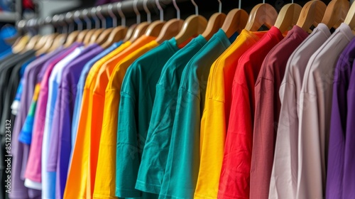 Row of colorful T-shirts hanging on clothing rack display for sale in boutique fashion store at shopping mall