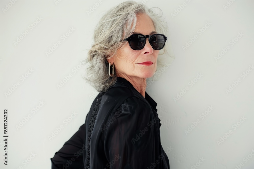 Stylish older woman wearing sunglasses posing for camera in front of white wall Stylish older woman wearing sunglasses posing for camera in front of white wall