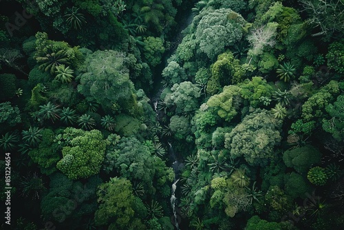 Aerial view of a lush green forest with a small stream running through the dense foliage, showcasing nature's beauty and tranquility. photo