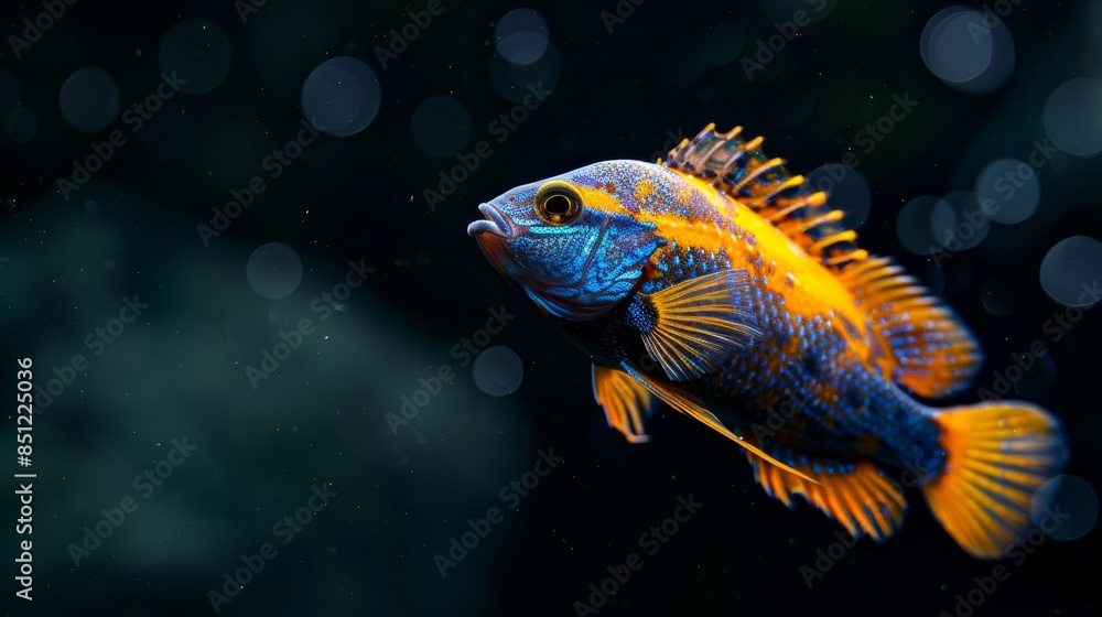 Fototapeta premium Vibrant Cichlid Fish in a Dark Aquascape