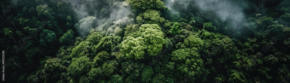 Aerial view of lush green forest canopy shrouded in mist, capturing the essence of nature and serenity from above on a cloudy day. Aerial view of lush green forest canopy shrouded in mist, capturing the essence of nature and serenity from above on a cloudy day.