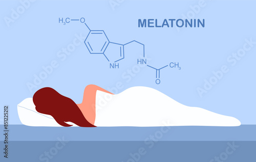 Melatonin promote deep sleep vector. Medicine chemical formula. Sleeping woman in bed character. Melatonin effect concept.