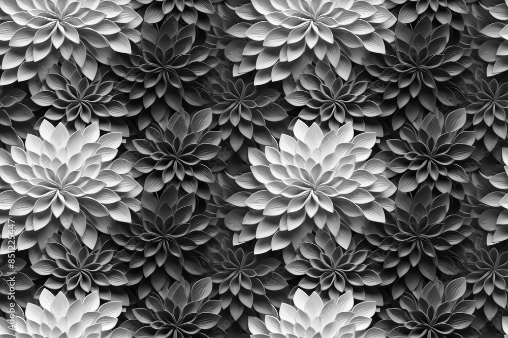 3D floral seamless pattern with black and white theme, ready for full-print pattern design 3D floral seamless pattern with black and white theme, ready for full-print pattern design