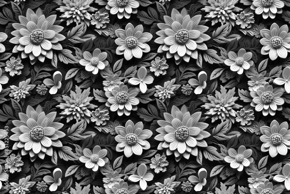 3D floral seamless pattern with black and white theme, ready for full-print pattern design 3D floral seamless pattern with black and white theme, ready for full-print pattern design