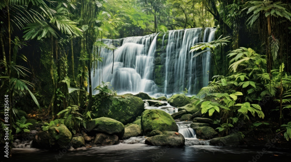 waterfall plunging into a crystal-clear pool, waterfall plunging into a crystal-clear pool,