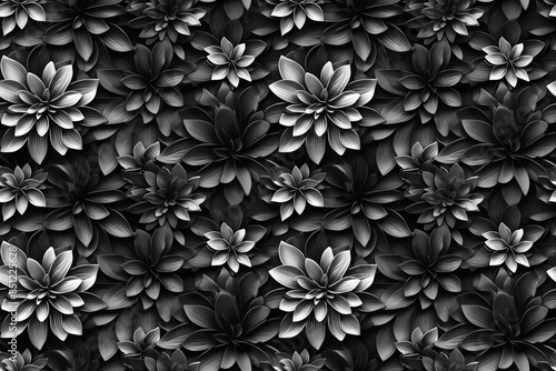 3D floral seamless pattern with black and white theme, ready for full-print pattern design